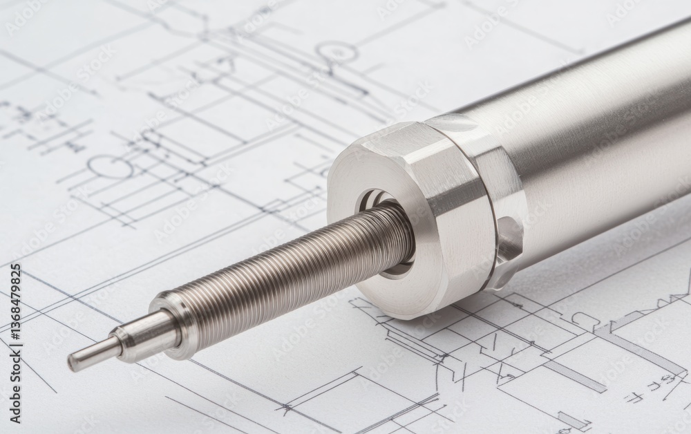 Poster industrial-grade linear motion system displayed on a blueprint, showing precision-engineered metal c