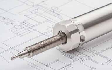Industrial-grade linear motion system displayed on a blueprint, showing precision-engineered metal components and threaded rods