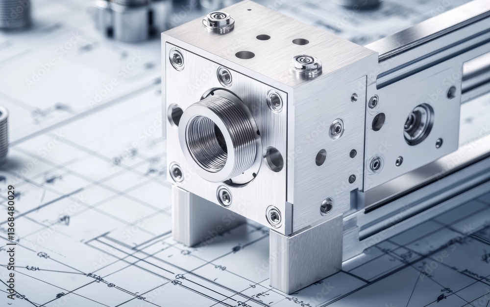 Poster industrial-grade linear motion system displayed on a blueprint, showing precision-engineered metal c