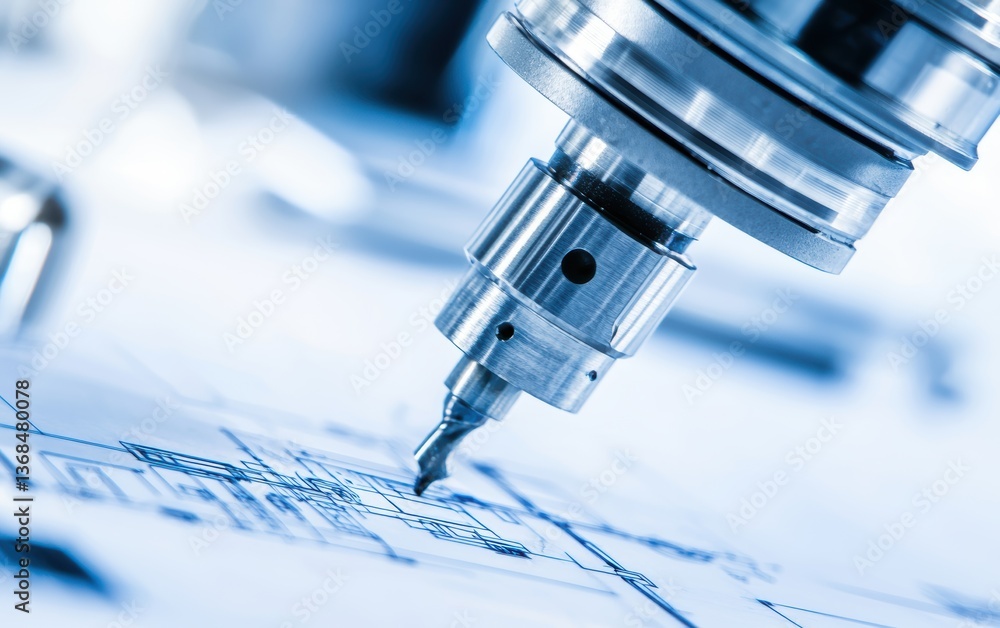 Poster metallic precision engineering assembly placed on a professional cad blueprint, symbolizing innovati