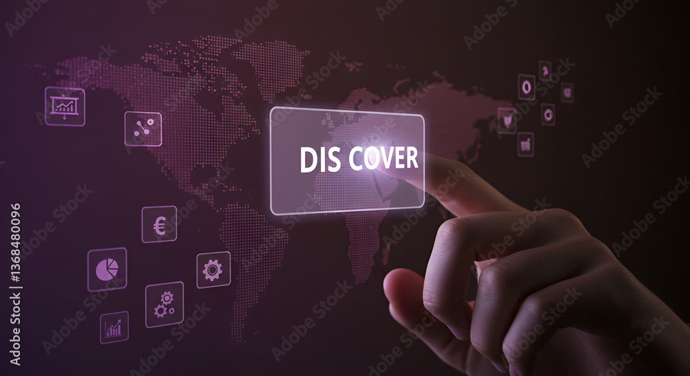 Poster finger touching discover button on transparent screen with holographic world map and finance icons i
