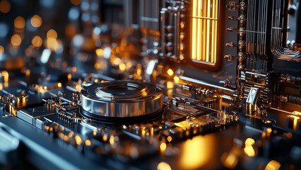 Advance quantum computer technology, high speed quantum computing, computational power, futuristic and high-tech, metallic appearance