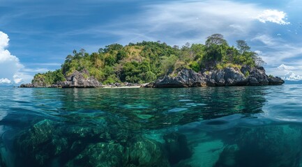 Exploring Tropical Island Paradise with Underwater Rocks and Clear Ocean Water