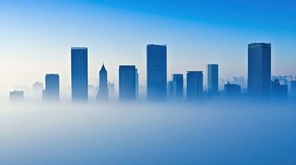 Fototapeta premium Misty cityscape at dawn with silhouetted buildings