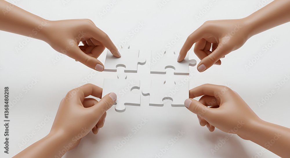 Poster four hands assembling a white puzzle on a white background representing teamwork collaboration and p