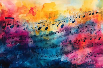 Jazz sheet music floating over an abstract watercolor background, creating a fusion of traditional and modern art