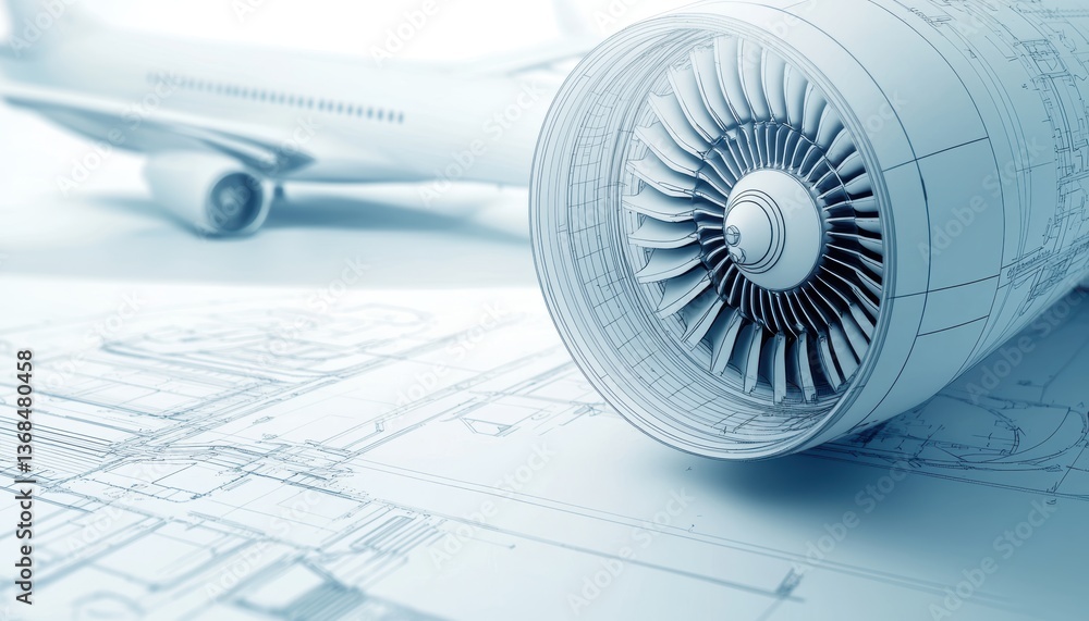 Poster high-resolution technical drawing of an airplane jet engine, displaying structural details and aeros