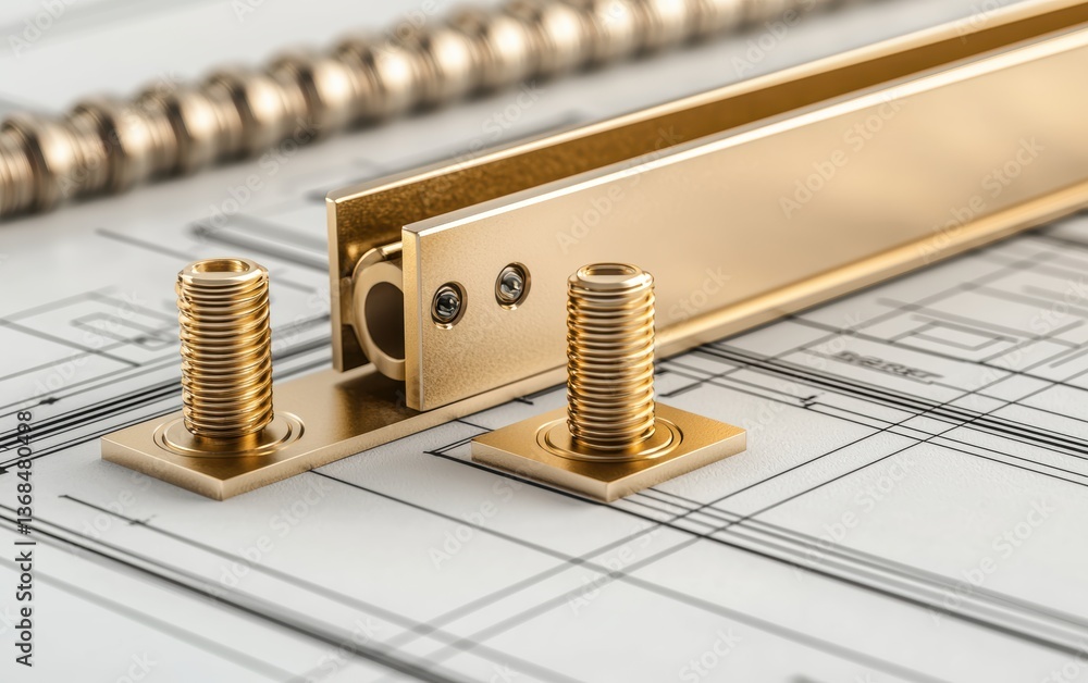 Poster industrial-grade linear motion system displayed on a blueprint, showing precision-engineered metal c