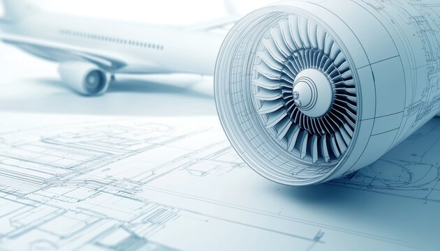 High-resolution technical drawing of an airplane jet engine, displaying structural details and aerospace technology advancements