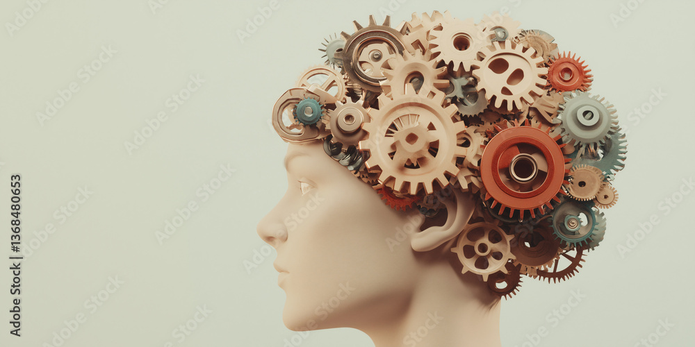 Aufkleber the mind's machine: the intricate network of gears and cogs forms the shape of a human head.