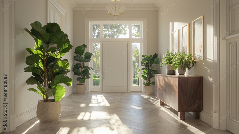 Poster bright foyer bathed in soft sunlight with lush fiddle leaf fig trees creating a fresh modern scene