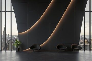 Obraz premium A modern interior featuring sleek black chairs against a stylish wall with soft lighting and large windows showcasing a city skyline.