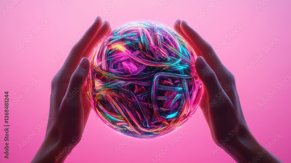 Poster two hands cradle a luminous sphere of vibrant multicolored light strands against a soft pink backgro