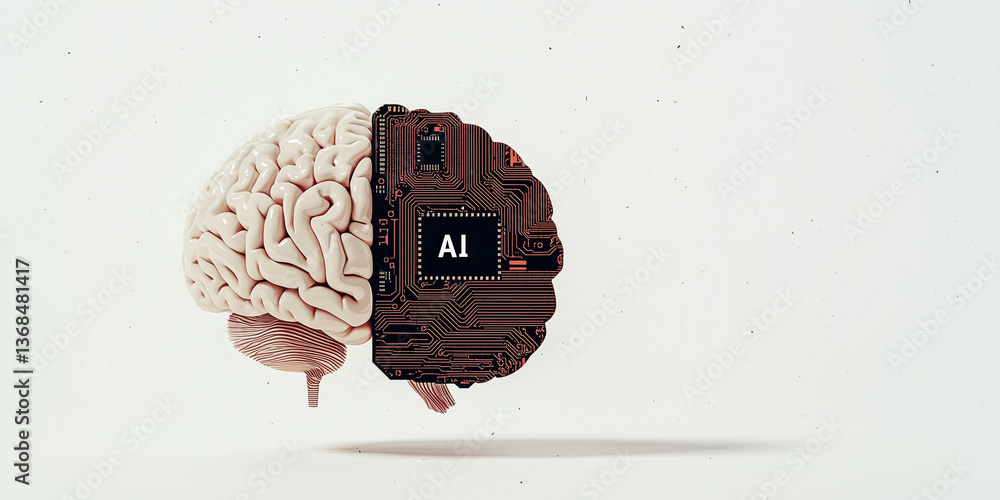 Poster brain vs ai: conceptual image showing a brain split in half, one side representing the biological br