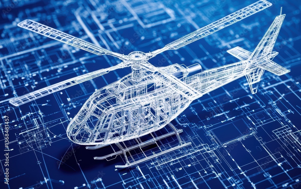 Poster high-tech digital blueprint of a helicopter, displaying intricate mechanical components and structur