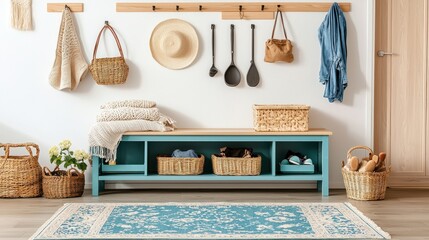 Bright foyer scene with decor wooden bench woven baskets turquoise rug and stylish accessories for a modern home