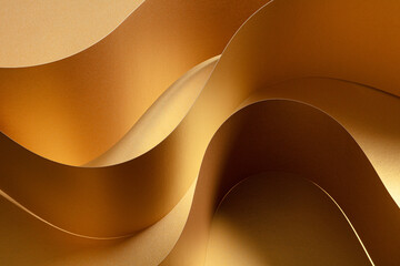 Abstract background with golden waves. Abstract shapes concept design background from golden papers sheets.  Selective focus on the high edges papers.