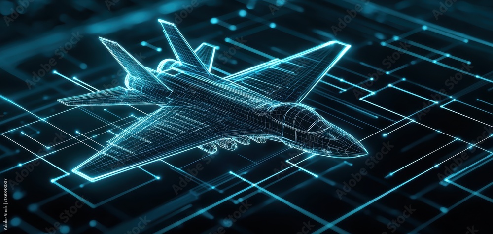 Poster high-tech aerospace engineering blueprint showcasing intricate mechanical components with glowing di