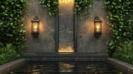 Enchanting garden waterfall wall adorned with climbing vines and candlelit lanterns reflecting on water surface