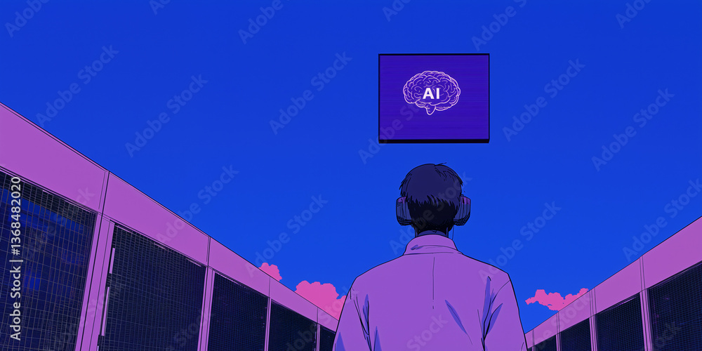 Poster man contemplating ai: an artistic representation of a man looking toward a floating display featurin
