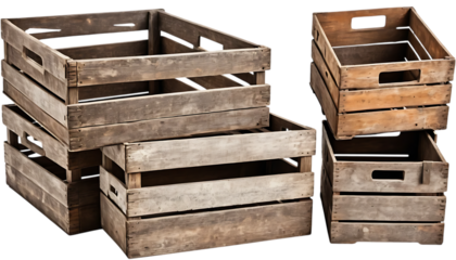 Old wooden storage crates with weathered surfaces rustic containers for decor PNG Image