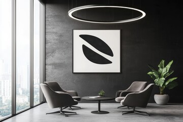 A modern interior featuring sleek chairs, a round table, and a prominent abstract artwork, with large windows providing a view of the cityscape.