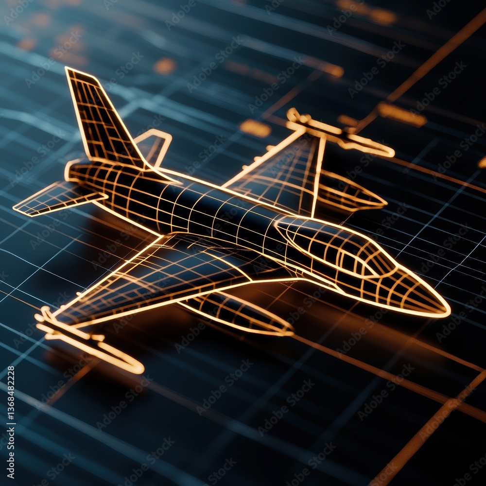 Poster high-tech aerospace design with a glowing blueprint overlay, emphasizing the intricate planning and 