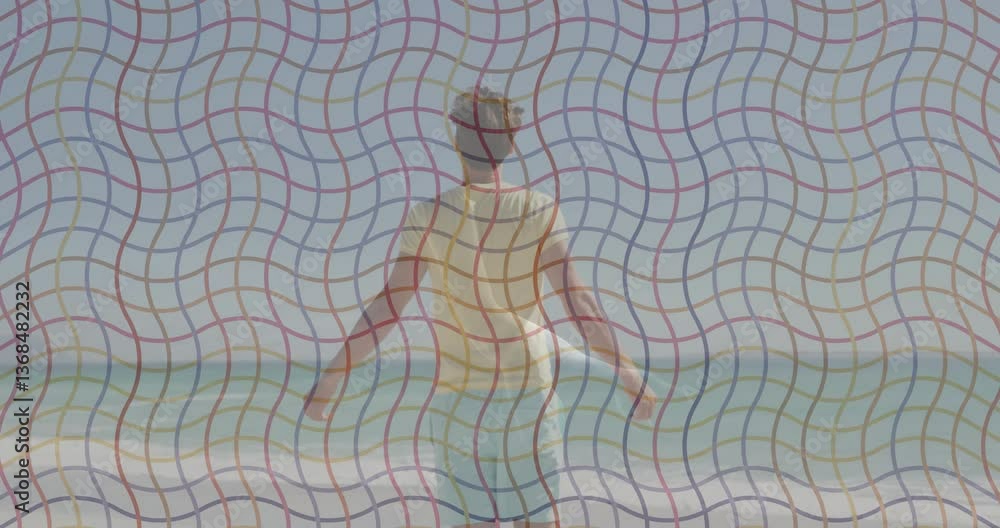 Poster beach scene with person and colorful animation overlaying wavy pattern