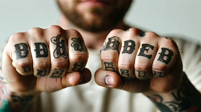 A close-up of a man&rsquo;s knuckles with old-school tattoos, classic bold letters spelling out an inspiring word, inked with thick black lines.