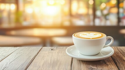 Obraz premium Coffee cup with heart latte art on wooden table