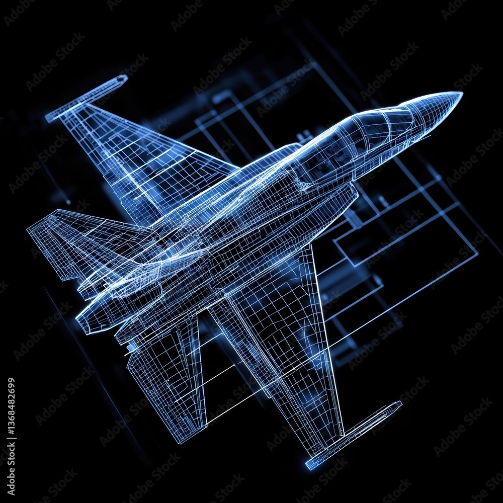 Poster high-tech aerospace design with a glowing blueprint overlay, emphasizing the intricate planning and 