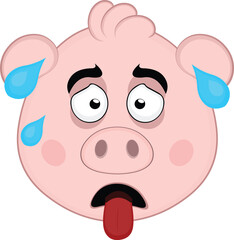 vector illustration emoji character face pig cartoon, exhausted with his tongue out and drops of sweat on his head