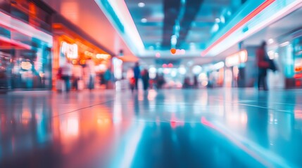 Blurred futuristic shopping mall with people browsing in the background