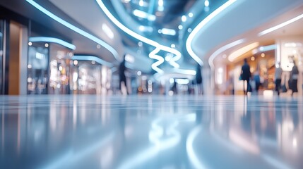 Blurred futuristic shopping mall with people browsing in the background