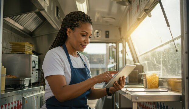African American woman using tablet inside food truck, smiling in urban setting. Emphasizes entrepreneurship and community engagement.