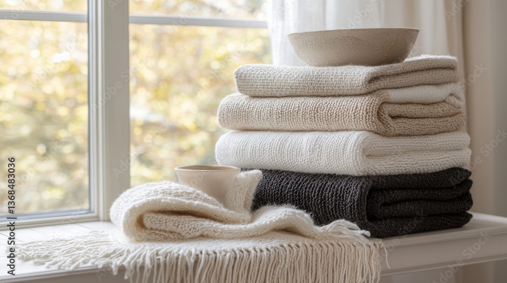 Poster cozy knitted blankets stacked neatly by the window displaying warmth and serenity in simple home dec