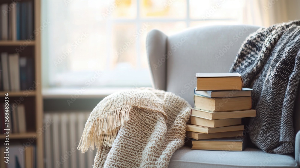 Poster cozy armchair adorned with books and a soft blanket creating an inviting reading corner at home