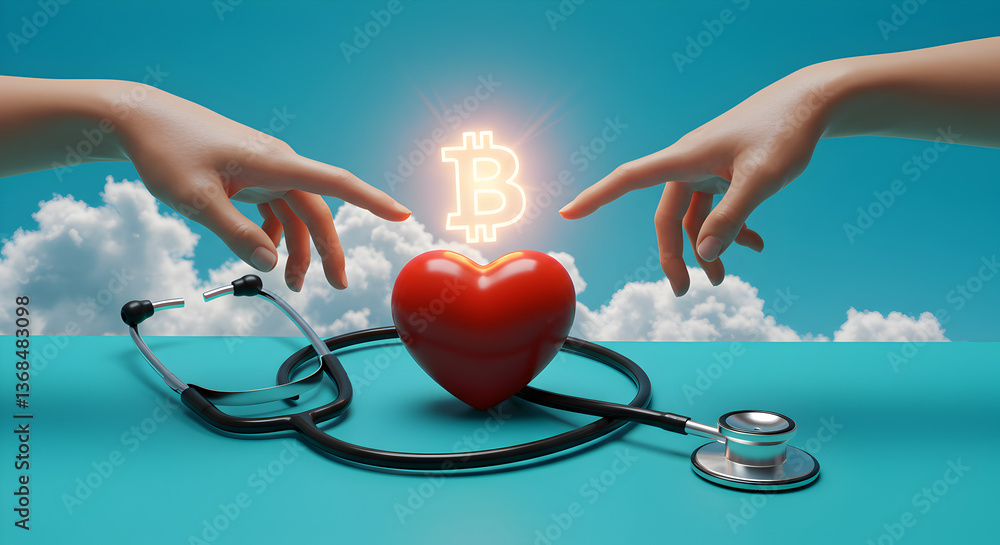 Poster illuminated bitcoin symbol above heart and stethoscope with two hands reaching in blue sky backgroun