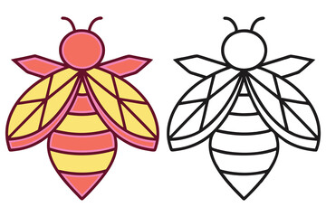 Vibrant Bee with Geometric Wings and Coloring Page Version