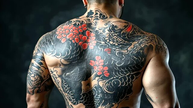 A heavily tattooed back covered in an epic full-body Japanese Irezumi piece, a dramatic dragon intertwined with cherry blossoms in rich, detailed ink.