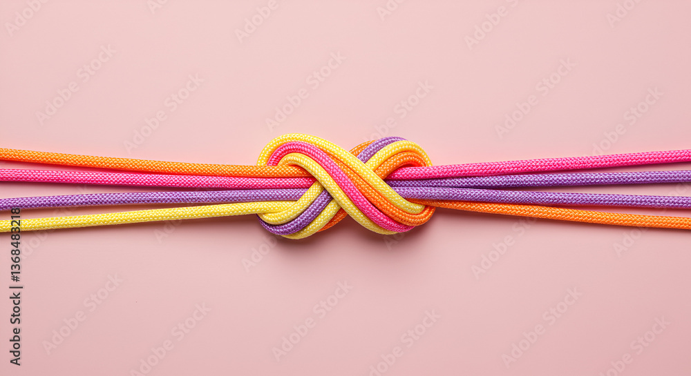Aufkleber intertwined multicolored ropes forming a knot on a light pink background creates a vibrant abstract 