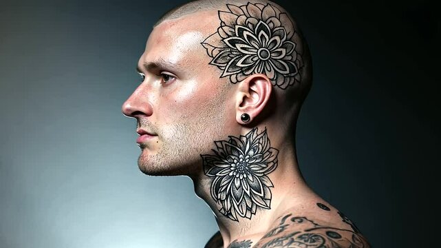 A close-up of a side-profile of a tattooed man, showcasing a bold, blackwork mandala covering his shaved scalp, perfectly symmetrical.