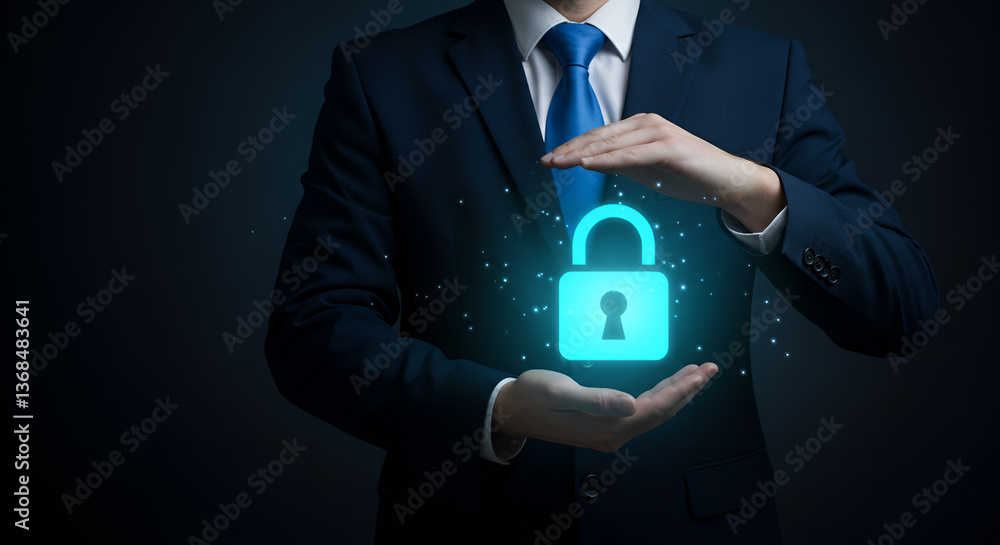 Poster man in suit shielding glowing padlock symbolizing cyber security on dark background