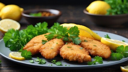Fototapeta premium A plate of golden brown breaded fried cutlets garnished with fresh parsley rests on a rustic wooden table.