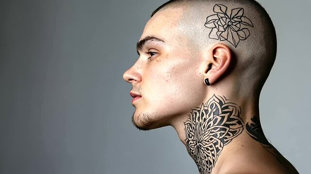 A close-up of a side-profile of a tattooed man, showcasing a bold, blackwork mandala covering his shaved scalp, perfectly symmetrical.