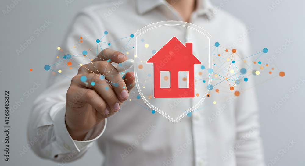 Poster man interacting with red house protected by digital shield on white background