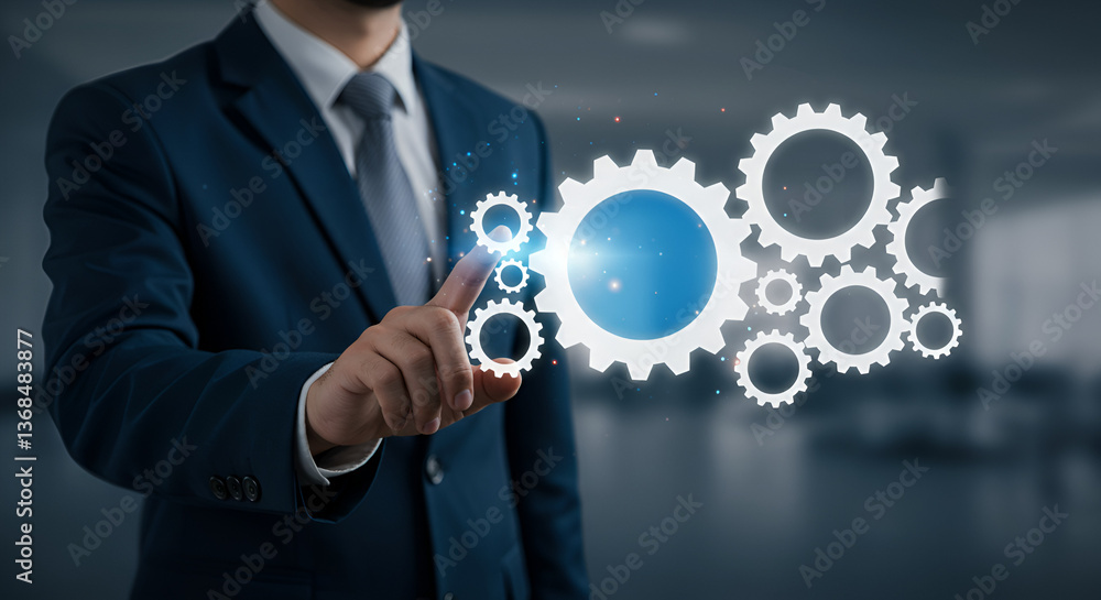 Poster man touching digital blue gears representing business network and technological innovation in a blur