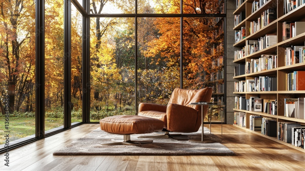 Poster serene reading nook with leather chair overlooking vibrant autumn foliage through large window and f