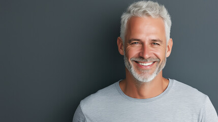 Obraz premium Smiling mature man with gray hair and beard wearing a light gray shirt, looking confidently at the camera. 