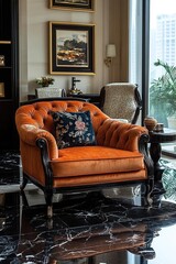 Elegant orange armchair with floral cushion in a stylish living room featuring modern decor
